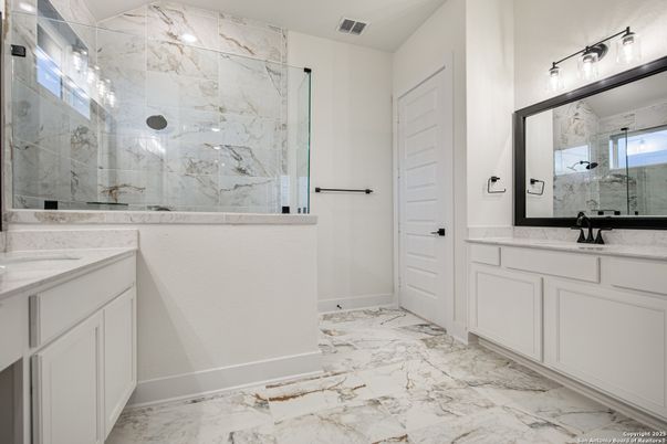 Bathroom, Dual Sink Vanities, Glass Shower, Interior, Marble, Marble Walls