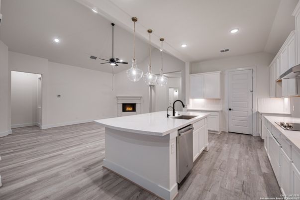 Fireplace, Interior, Kitchen, Pendant Lights, Recessed Lighting, Wood Texture Flooring