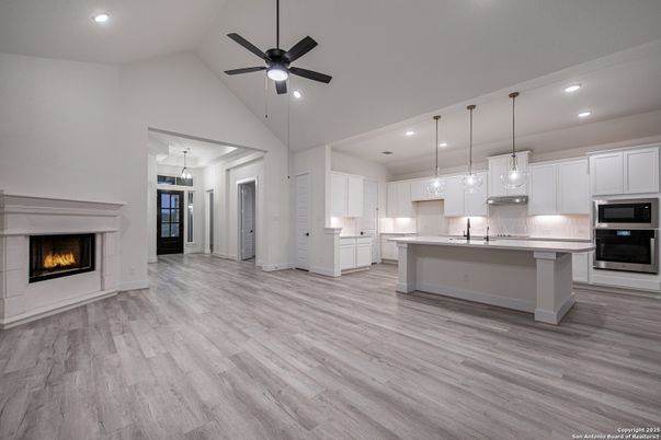 Fireplace, Interior, Kitchen, Pendant Lights, Recessed Lighting, Wood Texture Flooring