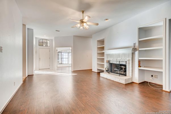 Empty room, Fireplace, Interior, Recessed Lighting, Wood Texture Flooring