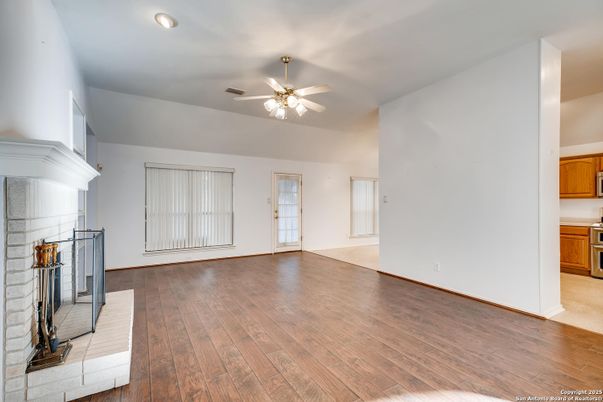 Empty room, Fireplace, Interior, Recessed Lighting, Wood Texture Flooring