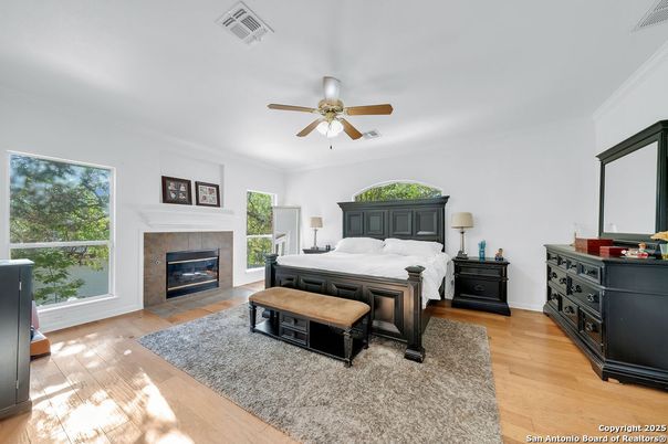 Bedroom, Fireplace, Interior, Wood Texture Flooring