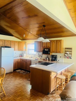 Interior, Kitchen, Pendant Lights, Wooden Ceilings, Wood Texture Flooring