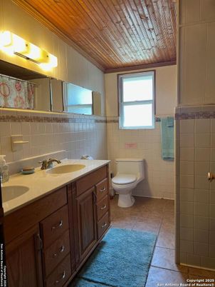 Bathroom, Dual Sink Vanities, Interior, Tile Countertops, Wooden Ceilings