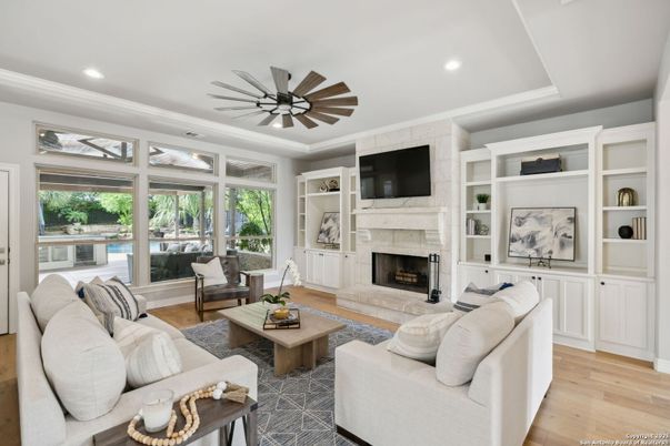 Fireplace, Interior, Living room, Recessed Lighting, Wood Texture Flooring