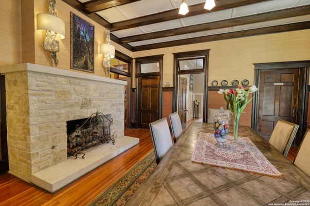 Dining room, Fireplace, Interior, Wooden Beams, Wood Texture Flooring