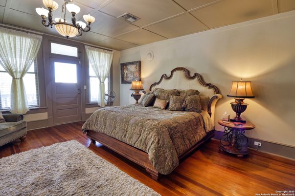 Bedroom, Chandelier, Interior, Wood Texture Flooring