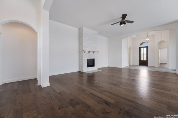 Empty room, Fireplace, Interior, Pendant Lights, Wood Texture Flooring