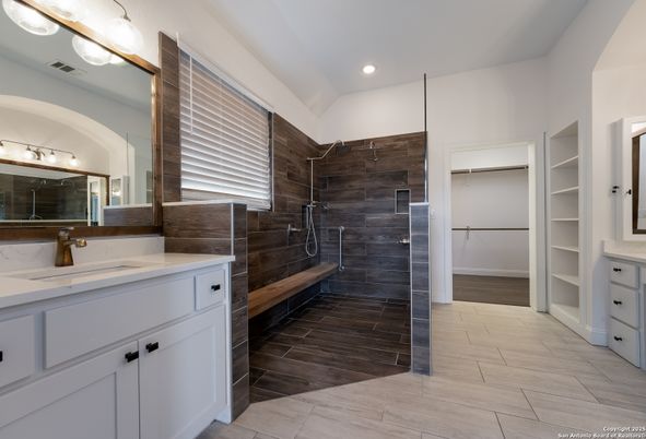 Bathroom, Dual Sink Vanities, Interior, Recessed Lighting, Wood Texture Flooring, Wooden Walls