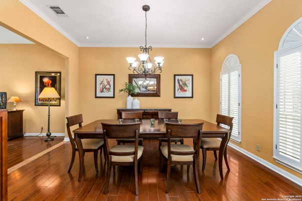 Chandelier, Dining room, Interior, Recessed Lighting, Wood Texture Flooring