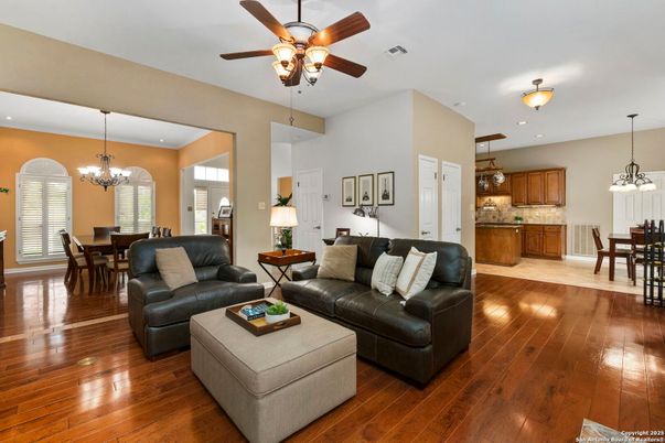 Chandelier, Dining room, Interior, Kitchen, Living room, Pendant Lights, Recessed Lighting, Wood Texture Flooring