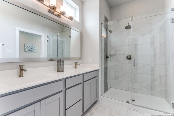 Bathroom, Dual Sink Vanities, Glass Shower, Interior, Marble, Marble Walls