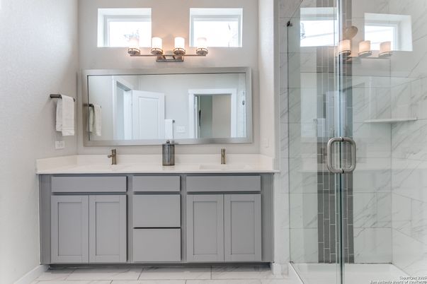 Bathroom, Dual Sink Vanities, Glass Shower, Interior, Marble, Marble Walls