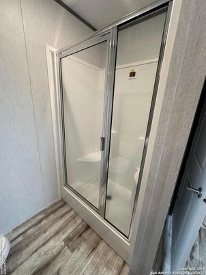 Bathroom, Glass Shower, Interior, Wood Texture Flooring