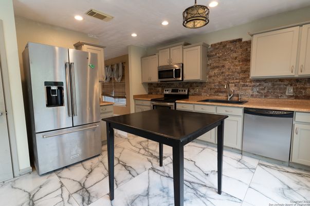 Interior, Kitchen, Marble, Recessed Lighting, Stainless Steel Appliances