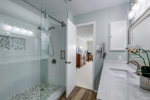 Bathroom, Glass Shower, Interior, Wood Texture Flooring