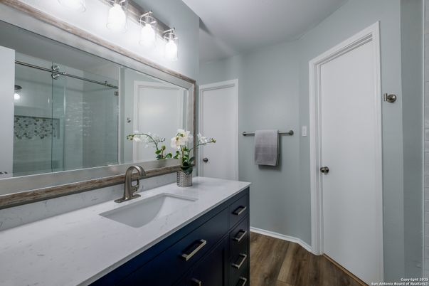 Bathroom, Glass Shower, Interior, Wood Texture Flooring