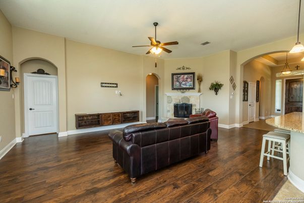 Fireplace, Interior, Living room, Pendant Lights, Wood Texture Flooring
