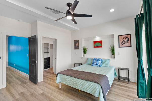 Bedroom, Interior, Recessed Lighting, Wood Texture Flooring