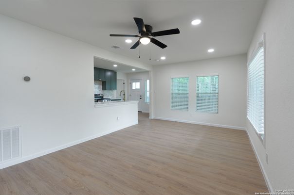 Empty room, Interior, Kitchen, Recessed Lighting, Wood Texture Flooring