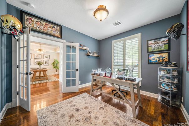 Chandelier, Home Office, Interior, Wood Texture Flooring
