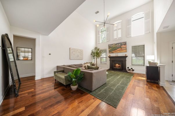 Fireplace, Interior, Living room, Pendant Lights, Wood Texture Flooring