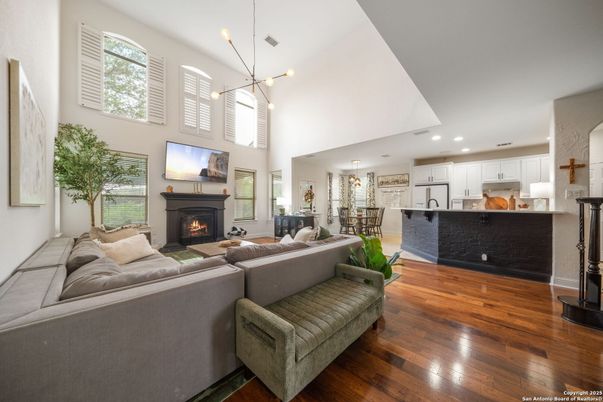 Dining room, Fireplace, Interior, Kitchen, Living room, Pendant Lights, Recessed Lighting, Wood Texture Flooring