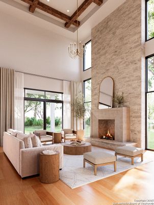 Chandelier, Fireplace, Interior, Living room, Pendant Lights, Recessed Lighting, Stone Walls, Wooden Beams, Wood Texture Flooring