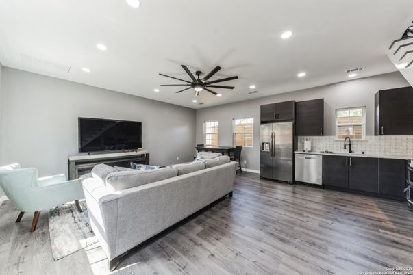 Interior, Kitchen, Living room, Recessed Lighting, Stainless Steel Appliances, Wood Texture Flooring