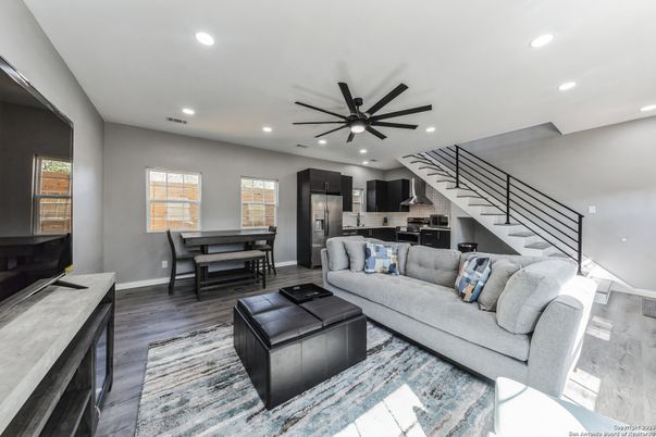Dining room, Interior, Kitchen, Living room, Recessed Lighting, Stainless Steel Appliances, Wood Texture Flooring