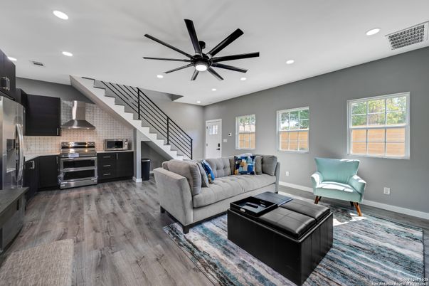Interior, Kitchen, Living room, Recessed Lighting, Stainless Steel Appliances, Wood Texture Flooring