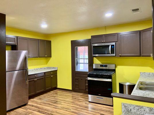 Interior, Kitchen, Recessed Lighting, Stainless Steel Appliances, Wood Texture Flooring