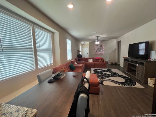 Dining room, Interior, Living room, Recessed Lighting, Wood Texture Flooring