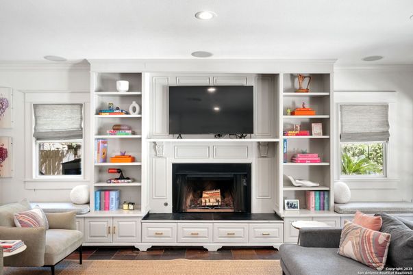 Fireplace, Interior, Living room, Recessed Lighting, Wood Texture Flooring