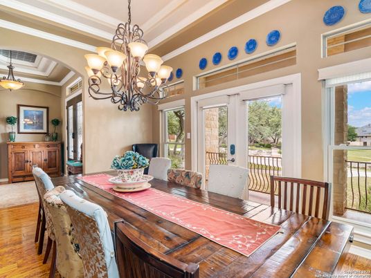 Chandelier, Dining room, Interior, Wood Texture Flooring