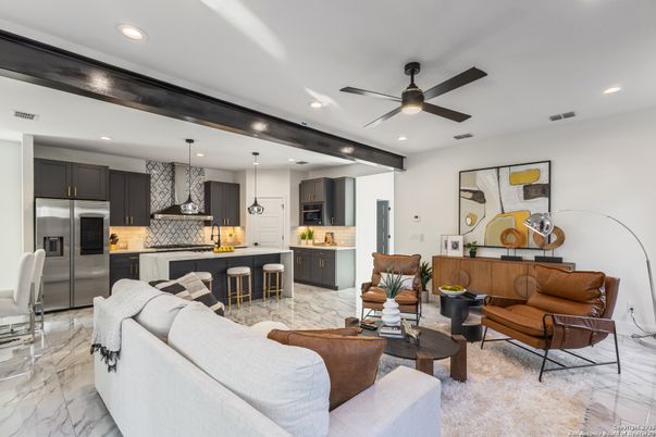 Interior, Kitchen, Living room, Marble, Pendant Lights, Recessed Lighting, Stainless Steel Appliances