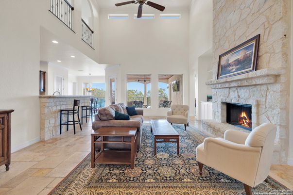 Fireplace, Interior, Living room, Pendant Lights, Recessed Lighting, Stone Walls