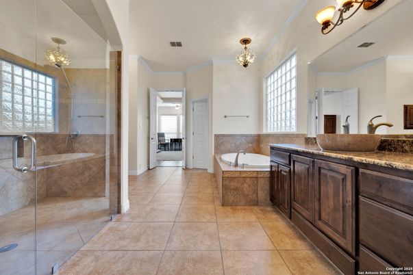 Bathroom, Chandelier, Dual Sink Vanities, Glass Shower, Interior