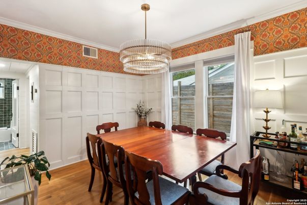 Chandelier, Dining room, Interior, Wood Texture Flooring
