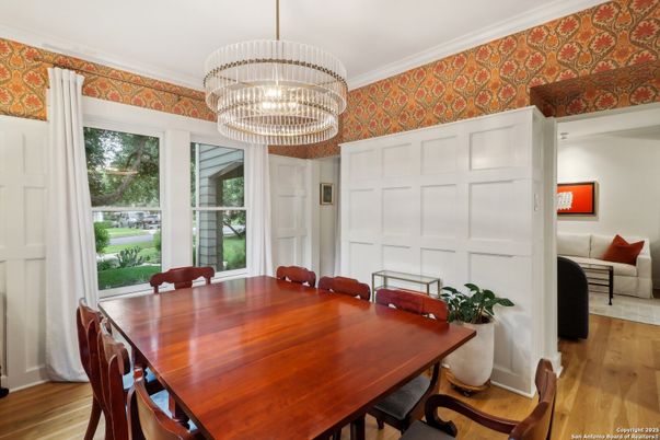 Chandelier, Dining room, Interior, Wood Texture Flooring