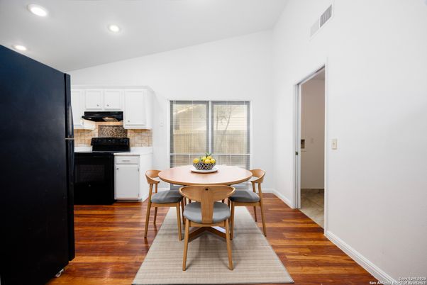 Dining room, Interior, Kitchen, Recessed Lighting, Wood Texture Flooring
