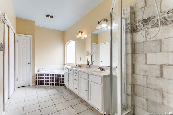 Bathroom, Dual Sink Vanities, Glass Shower, Interior, Stone Walls