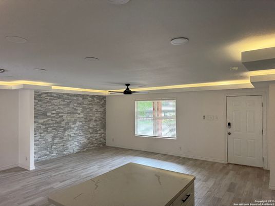 Empty room, Interior, Recessed Lighting, Stone Walls, Wood Texture Flooring