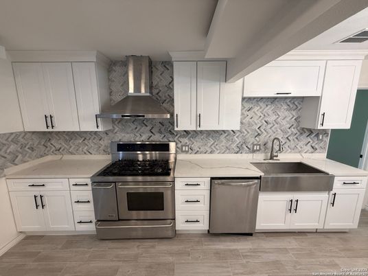 Interior, Kitchen, Marble Walls, Stainless Steel Appliances, Wood Texture Flooring