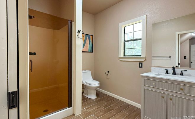 Bathroom, Glass Shower, Interior, Wood Texture Flooring