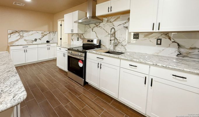 Interior, Kitchen, Marble Walls, Recessed Lighting, Wood Texture Flooring