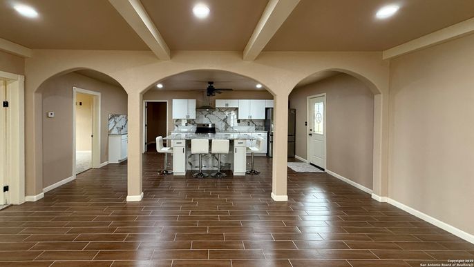 Interior, Kitchen, Recessed Lighting, Wood Texture Flooring
