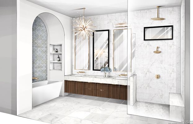 Bathroom, Dual Sink Vanities, Free Standing Baths, Interior, Marble, Pendant Lights