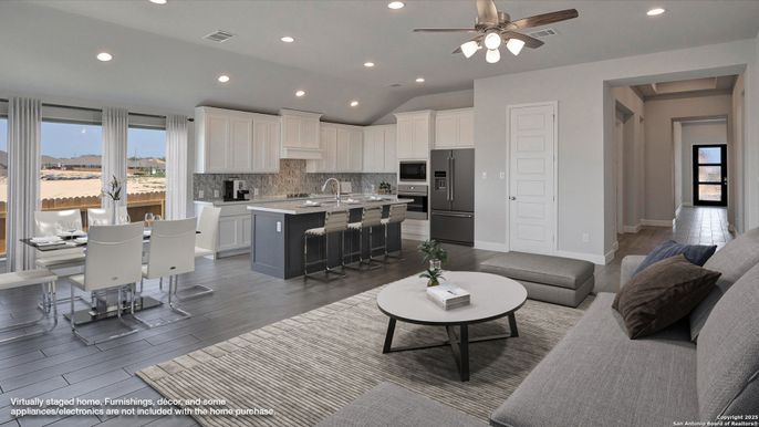 Dining room, Interior, Kitchen, Living room, Recessed Lighting, Stainless Steel Appliances, Wood Texture Flooring