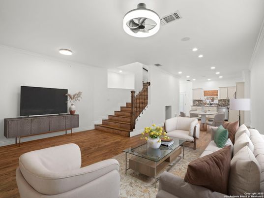 Dining room, Interior, Kitchen, Living room, Recessed Lighting, Wood Texture Flooring